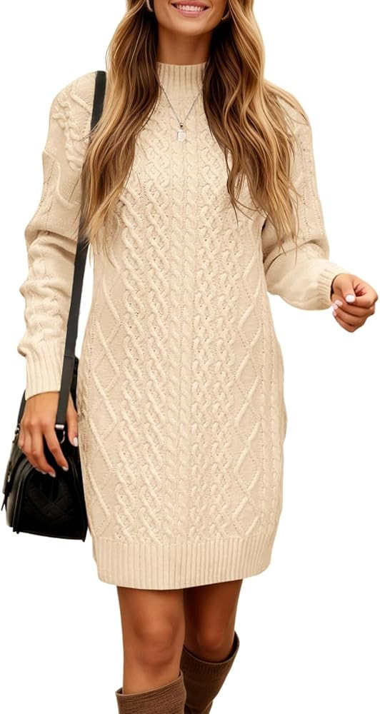 Saodimallsu Womens Cable Knit Mini Sweater Dress Turtleneck Fall Casual Chunky Long Sleeve Slimmi... | Amazon (US)
