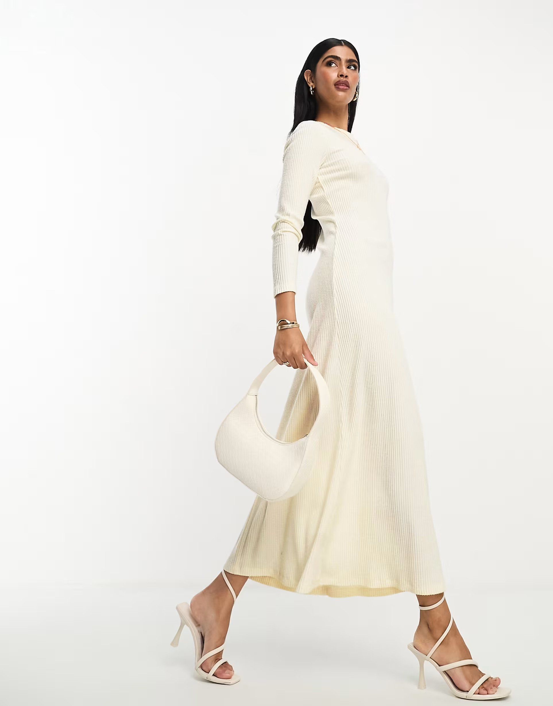 ASOS DESIGN super soft rib crew neck midi dress with long sleeve in winter white | ASOS (Global)