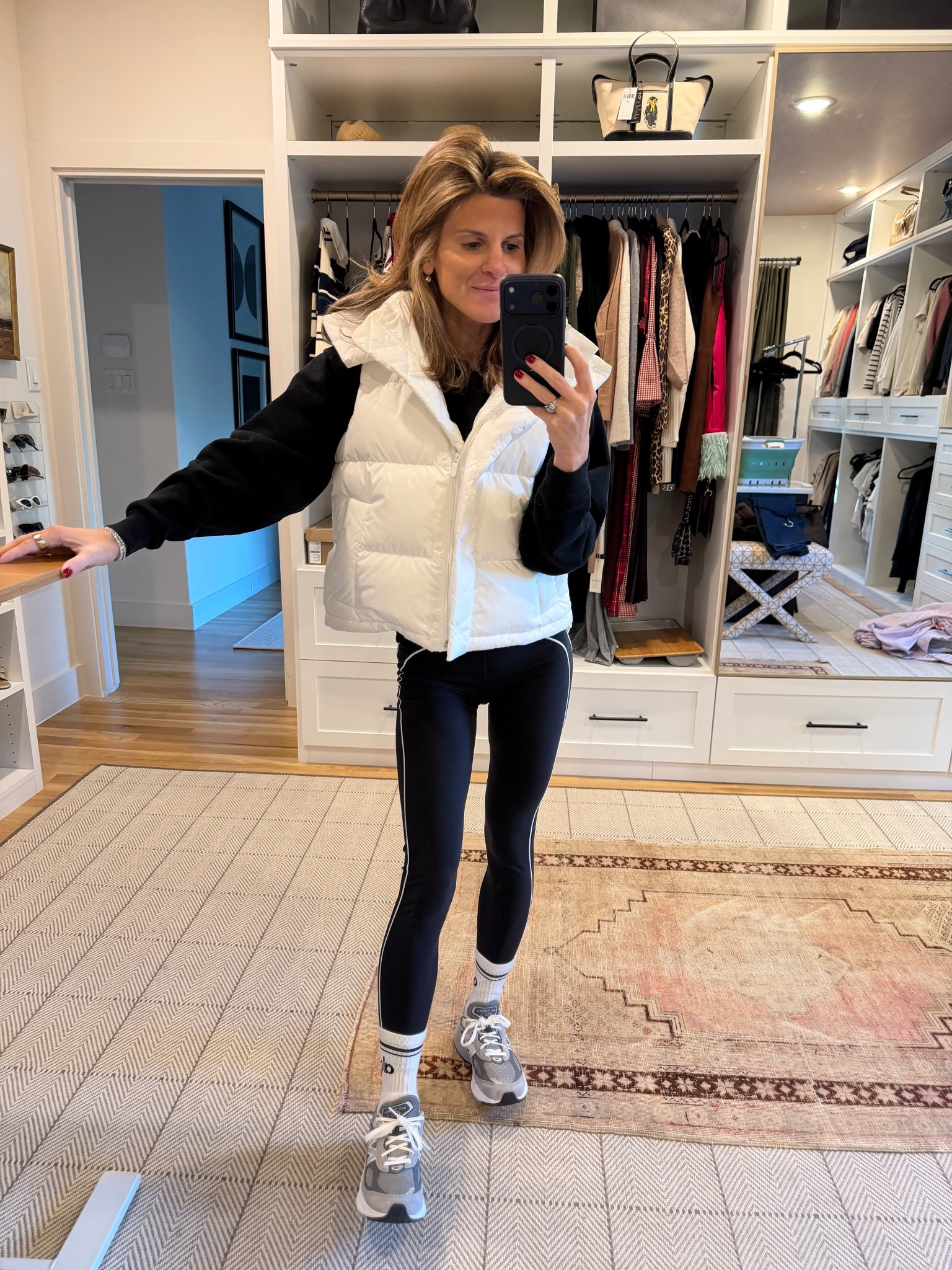 Alo black and white set (wearing XS in bra and pullover and XXS in leggings). White puffer is old lulu (linking updated version)