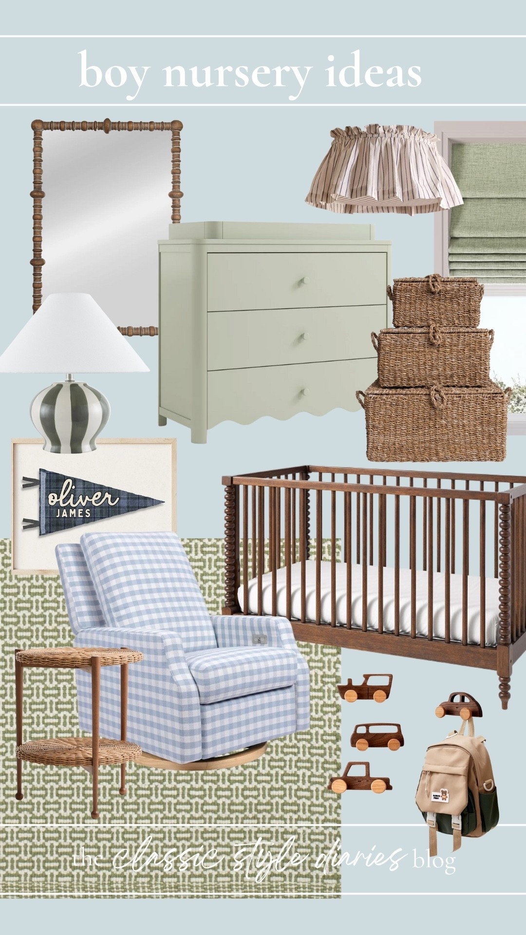 Some selections for a traditional baby boy nursery with blue, green and wood accents. 💙 

Boy nursery, nursery inspiration, blue nursery, green nursery, traditional, gingham chair, glider, crib, Roman shades, changing table 

#LTKStyleTip #LTKHome #LTKFindsUnder100