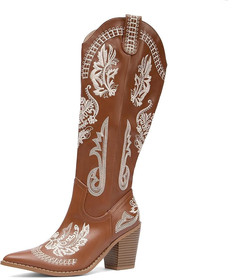 NEWBELLA Women's Western Cowboy Boots - Embroidered Fringe Pointed Toe Cowgirl Boots Chunky Heel ... | Amazon (US)