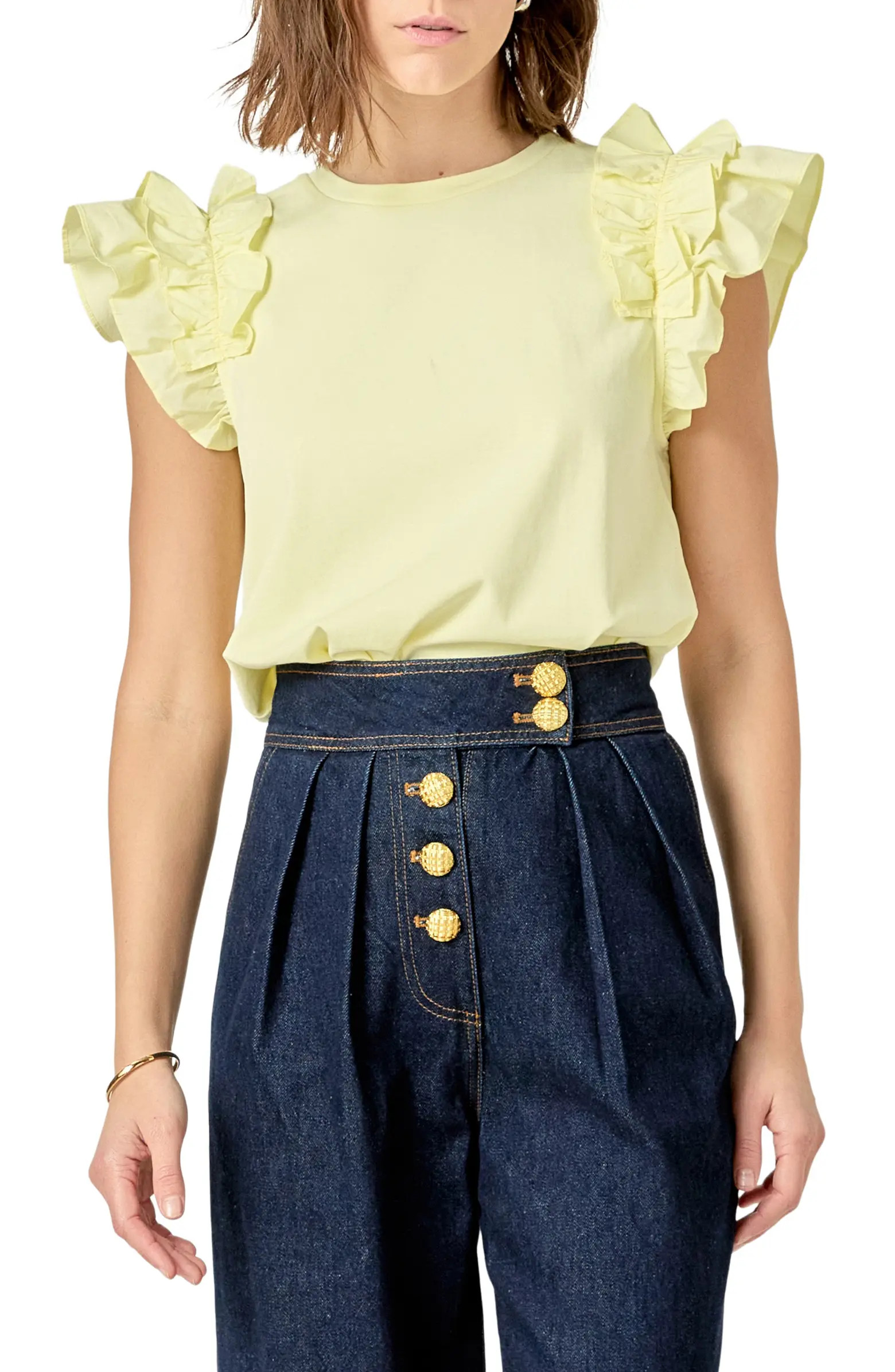 Ruffle Sleeve Mix Media Cotton Top | Nordstrom