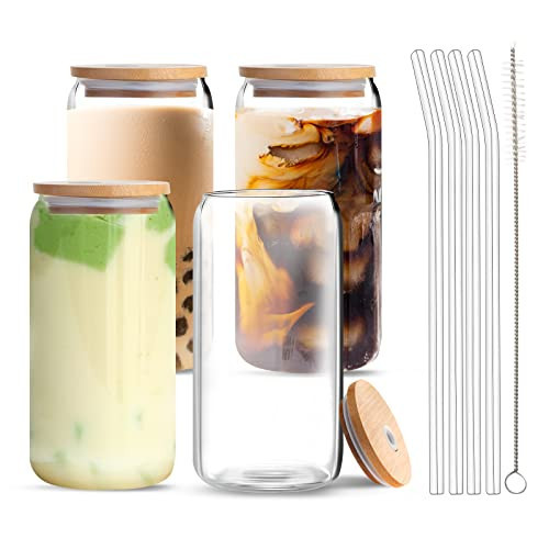 Vozoka Drinking Glasses with Bamboo Lids and Glass Straws, 4 Set 16oz Iced Coffee Cup, Glass Cups with Lids and Straws, Beer Glasses, Ideal for Water, Cocktail, Whiskey, Soda, Gift | Amazon (US)