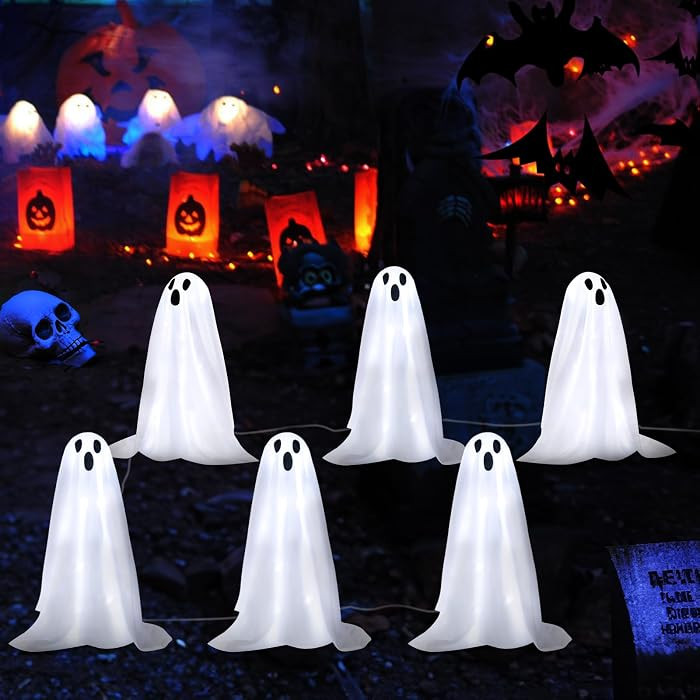 Halloween Decorations, 6 Pack 18.9 in High Solar Ghost String Stake Lights 12.8 FT, Small White Cloth Ghost Stakes with 8 Lighting Modes and Waterproof Outdoor Path Lights for Garden/Yard, Clod Light | Amazon (US)