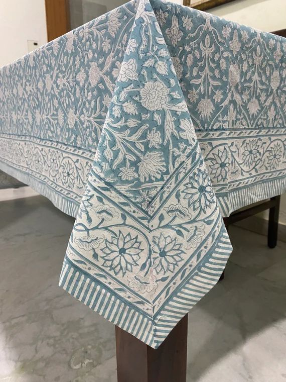 Teal Grey and White Floral Indian Hand Block Printed Cotton - Etsy | Etsy (US)