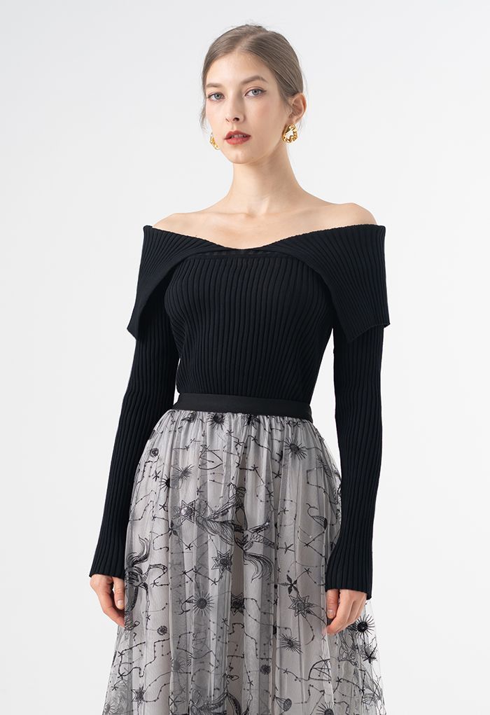 Flap Collar Off-Shoulder Crop Knit Top in Black | Chicwish