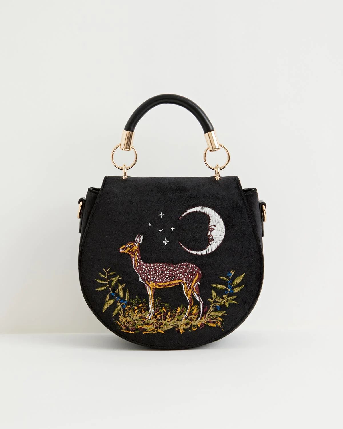 Deer & Moon Embroidered Saddle Bag Black Velvet | Fable England