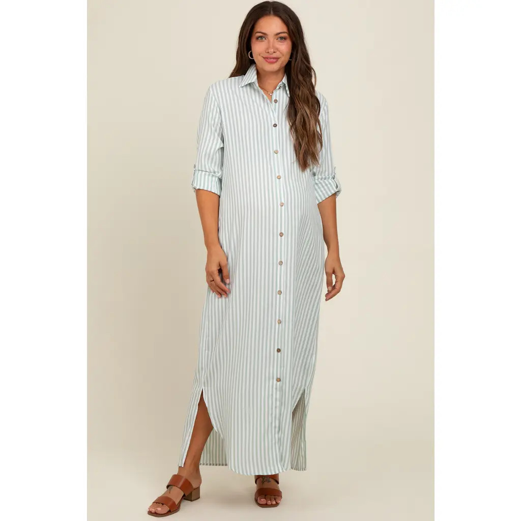 PinkBlush Striped Button Down Maxi Dress in Light Olive at Nordstrom, Size Small | Nordstrom