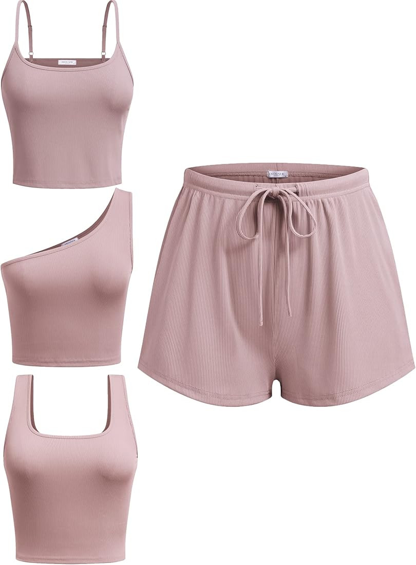 Ekouaer 4 Piece Outfits Crop Tank Top Elastic Waist Shorts Pajama Set Casual Lounge Sets for Dail... | Amazon (US)