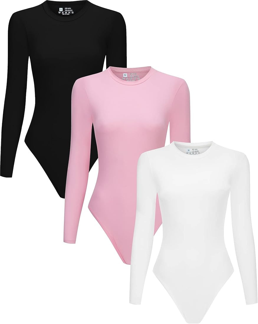 Chongbaijia 3 Piece Women's Crew Neck Long Sleeve Bodysuits T Shirts Body Suit Top | Amazon (US)