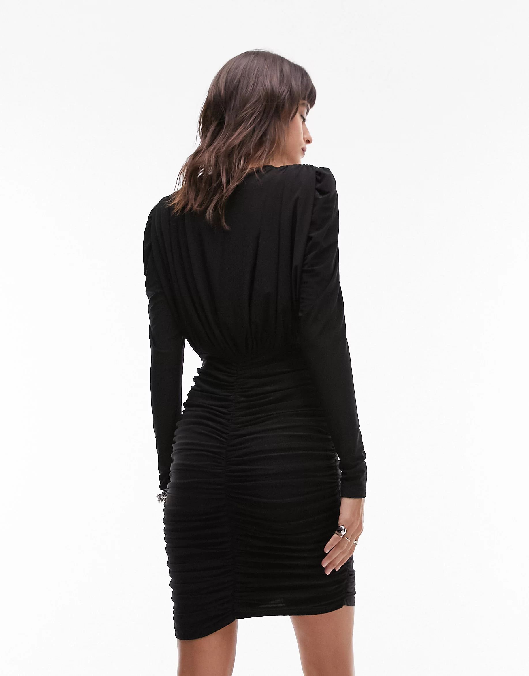 Topshop long sleeve drape detail mini dress in black | ASOS (Global)