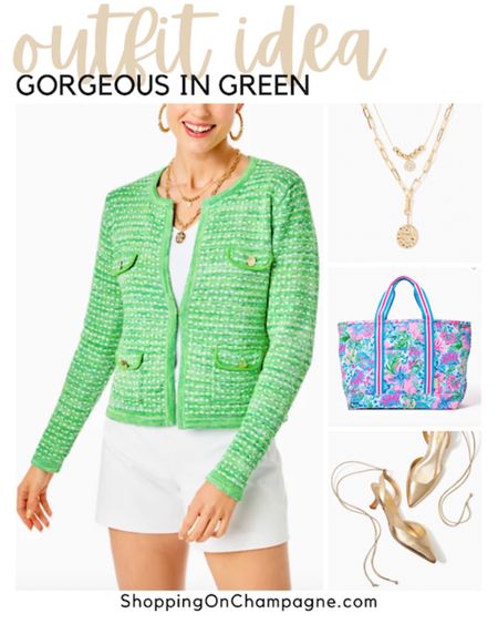 Vacation Outfit! Here’s a sophisticated on trend look for warm weather ☀️ a green tweed jacket with white shorts, gold shoes and jewelry, and a weekend carryall tote! 


#LTKSeasonal #LTKtravel #LTKstyletip