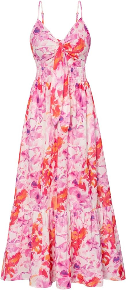 GRACE KARIN Women's 2024 Summer Beach Dress Floral V Neck Tie Front Spaghetti Strap Flowy Long Dr... | Amazon (US)