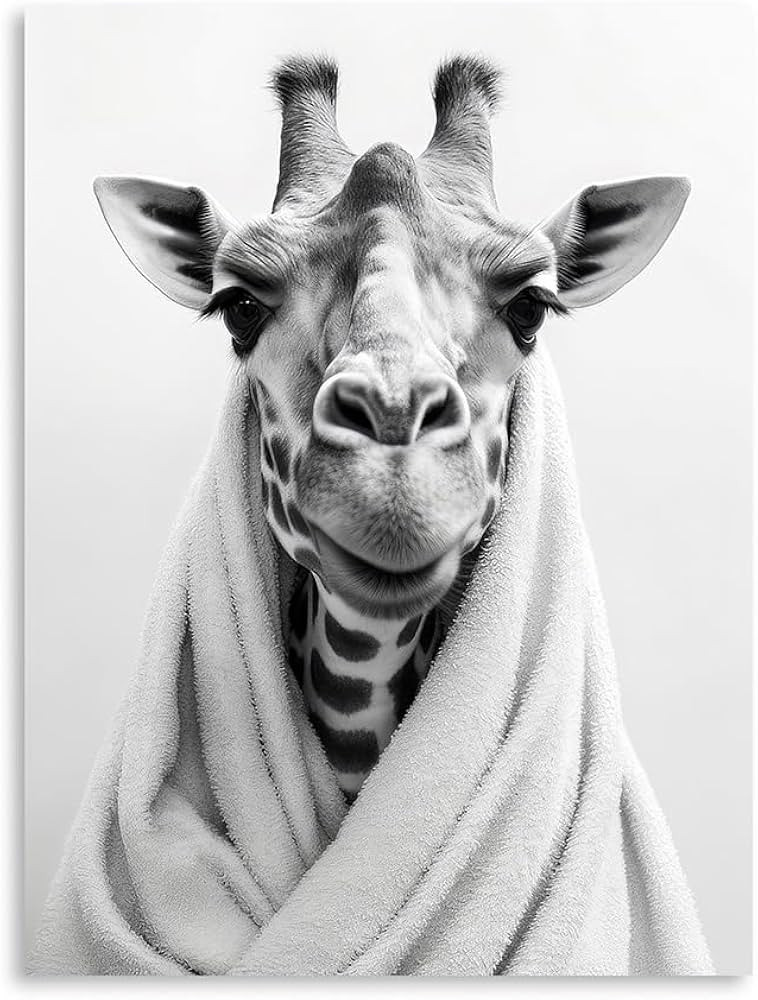 Funny Bathroom Canvas Wall Art: Giraffe Wrap Bath Towel Portrait for Kids' Bedroom Pictures Black... | Amazon (US)