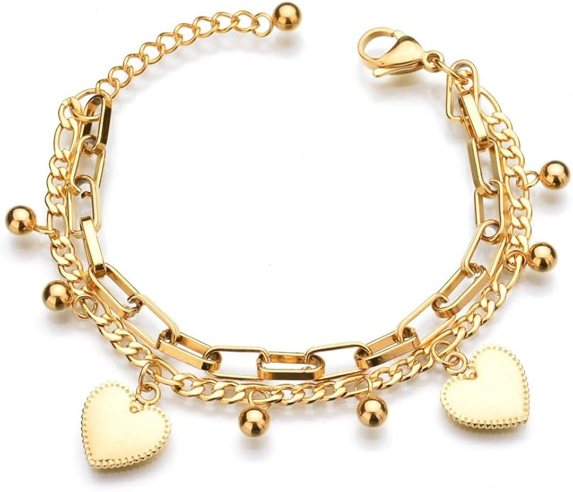 LUREME 18K Gold Stainless Steel Multi Chains Bracelet with Ball and Heart Charms for Women | Amazon (US)