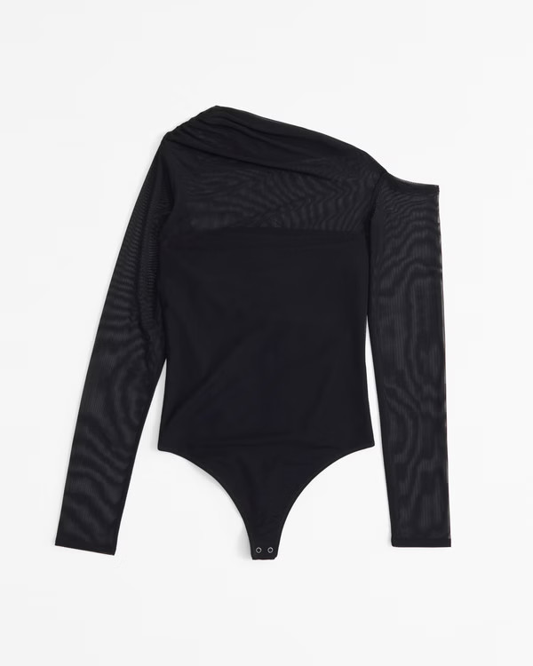 Long-Sleeve Asymmetrical Draped Mesh Bodysuit | Abercrombie & Fitch (US)