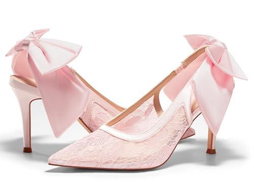 Coutgo Womens Slingback Stiletto Heels Bow Closed Pointed Toe Lace Patchwork Party Dress Shoes, Pink, Size 9.5 | Amazon (US)
