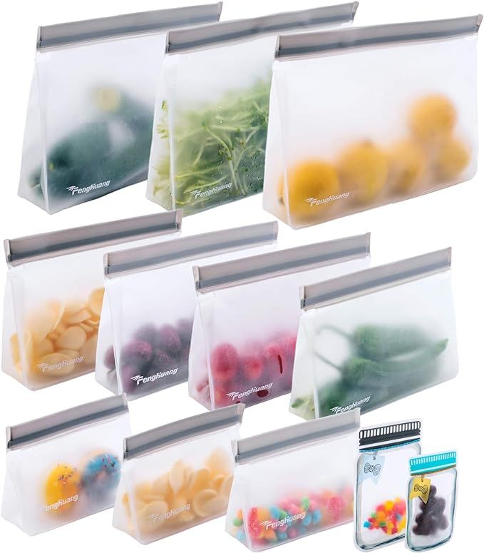 12 Reusable Food Storage Bags,STAND UP Reusable Freezer Bags,Snack,Lunch,Sandwich Ba | Amazon (US)