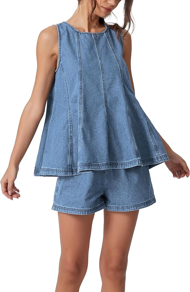 D-Sun Women 2 Piece Outfit Denim Set Sleeveless Crewneck Flared Denim Top Casual High Rise Jean S... | Amazon (US)