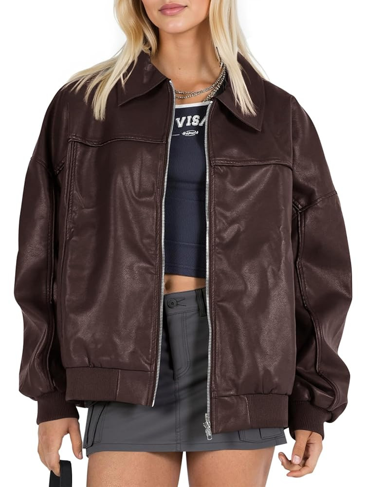 Tankaneo Womens Faux Leather Jackets Oversized Bomber Casual Fall Fashion Zip Up Moto Biker Coats | Amazon (US)