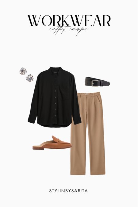 Work outfits, professional outfits, summer outfits, tan trousers, button up black shirt, belt, mules, stud earrings, summer outfits, casual outfit , business outfit 

#LTKFind #LTKworkwear #LTKunder100