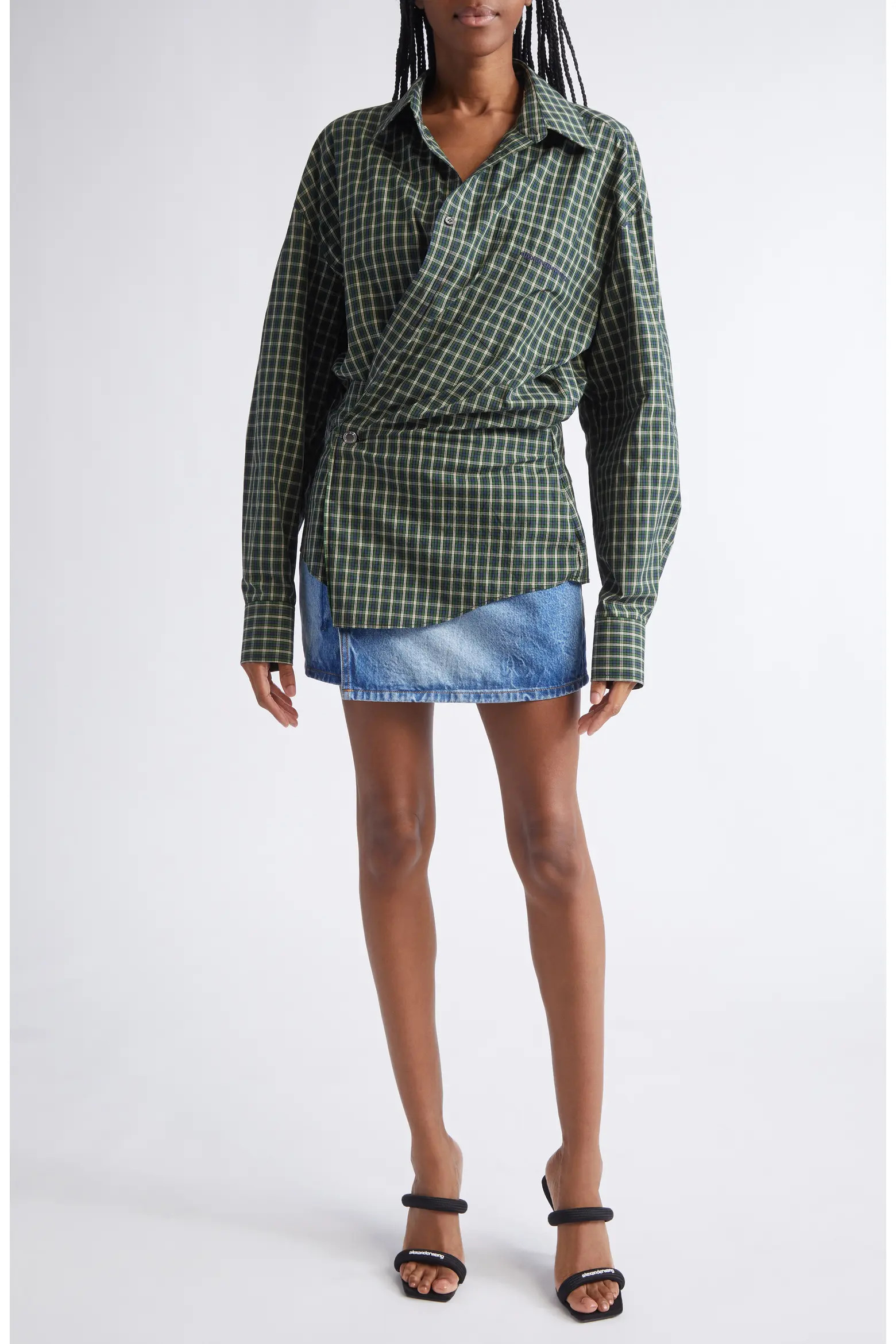 Long Sleeve Check & Denim Wrap Dress (Women) | Nordstrom | Nordstrom