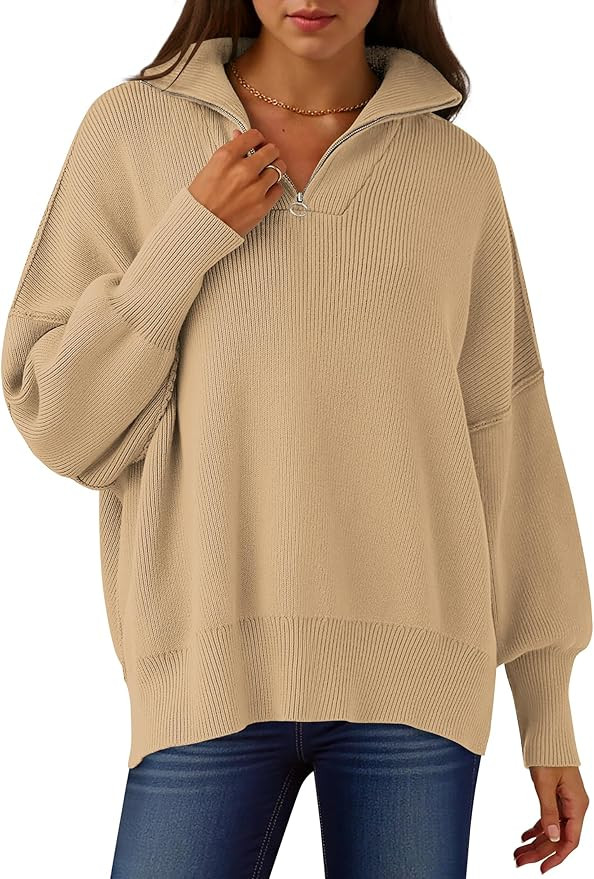 ANRABESS Women's Oversized Fashion Long Sleeve Quarter Zip Baggy Loose Slouchy Sweater Pullover T... | Amazon (US)