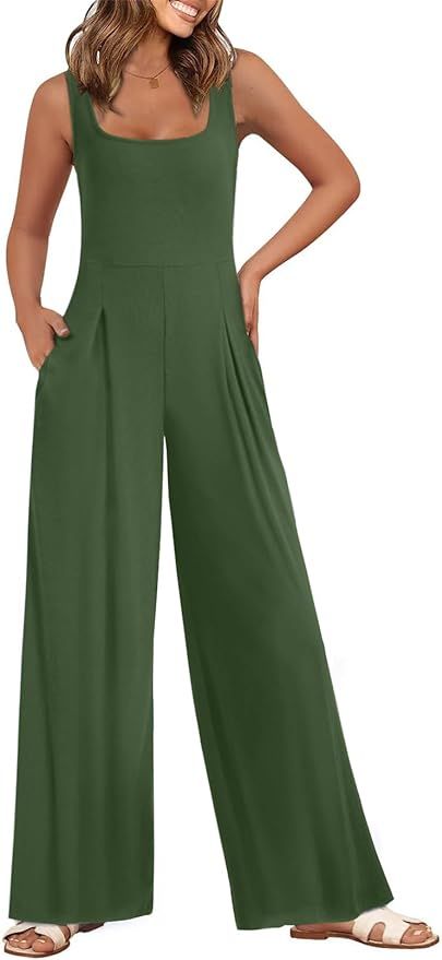 One Piece Jumpsuits for Women Summer Sleeveless Ribbed Square Neck Rompers High Waist Overalls wi... | Amazon (US)