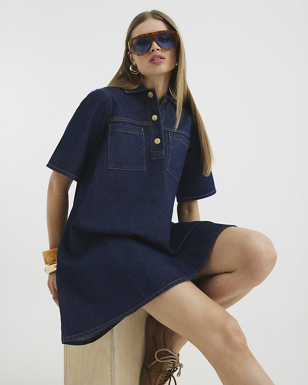 Blue Denim Shirt Collar Mini Dress | River Island UK & IE