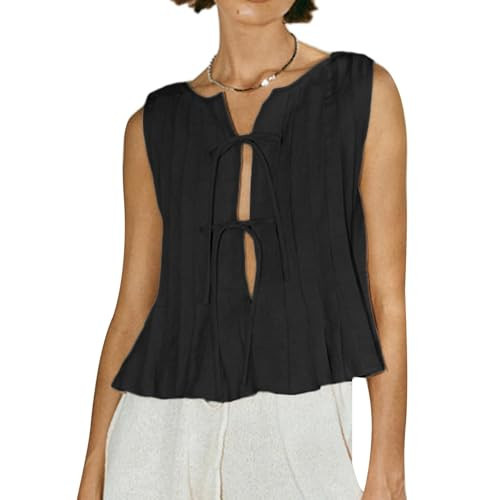 Women Bow Tie Front Tank Top Pleated Ruffle Linen Vest Y2K Babydoll Shirt Coquette Clothes Black M | Amazon (US)