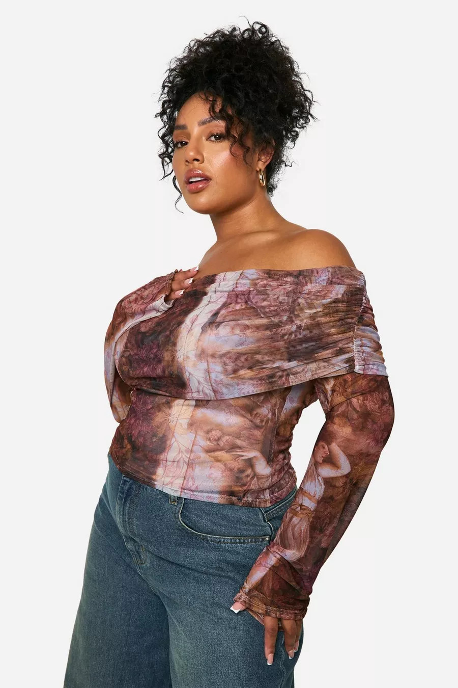 Plus Renaissance Print Off The Shoulder Mesh Top | boohoo (US & Canada)