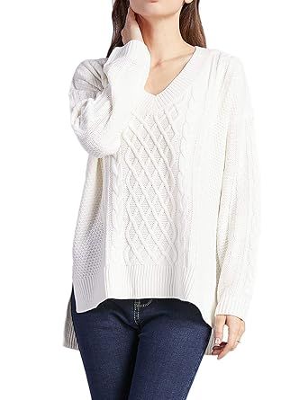 Women Oversized Cable Knit Sweaters Loose V Neck Long Sleeve Fall Winter Pullover Tops Jumpers | Amazon (US)