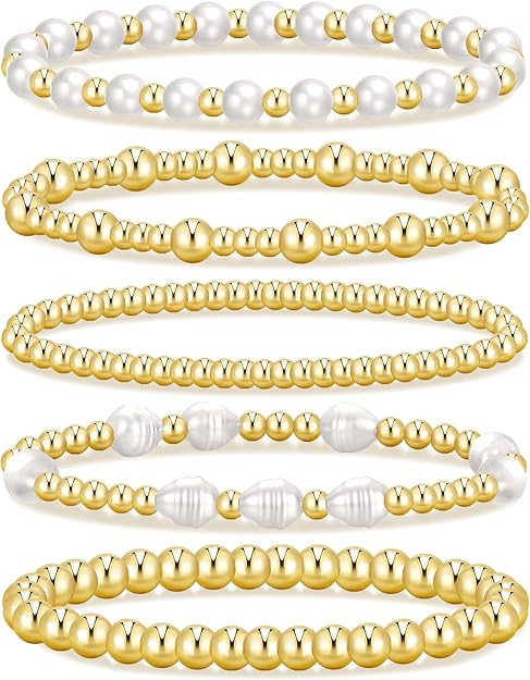 Gold Beaded Bracelets for Women, 14K Real Gold Plated Jewelry for Women Dainty Pearl Bead Bracele... | Amazon (US)