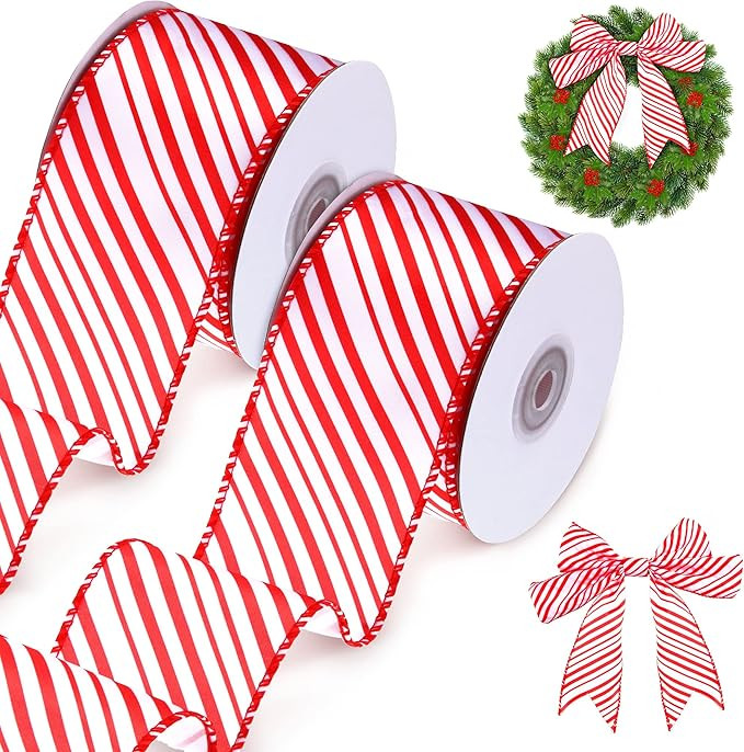 2 Rolls 20 Yards Christmas Peppermint Stripe Ribbon Red and White Wired Ribbons Ribbon Christmas ... | Amazon (US)