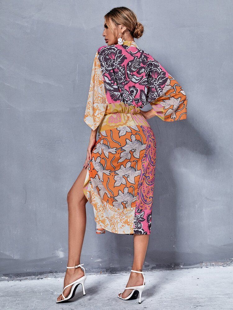 Floral & Paisley Print V Neck Batwing Sleeve Dress | SHEIN