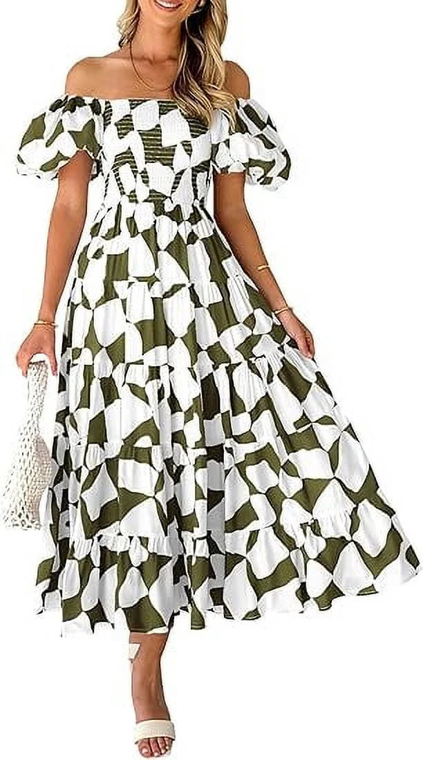 PRETTYGARDEN Women's Summer Boho Midi Dress Off Shoulder Puff Sleeve Print Smocked Ruffle Beach L... | Walmart (US)