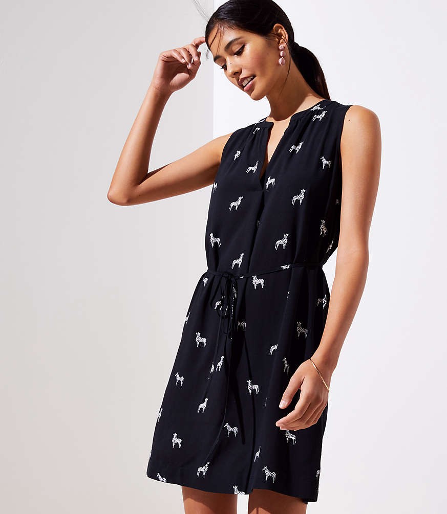 Zebra Split Neck Tie Waist Dress | LOFT