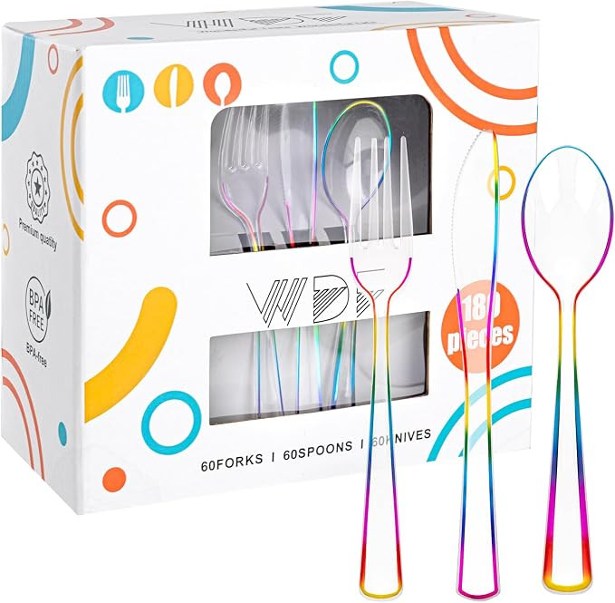180 PCS Rainbow Plastic Silverware - Clear Colorful Cutlery Disposable Heavy Duty Include 60 Fork... | Amazon (US)