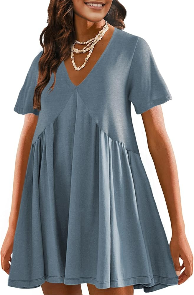 Womens Summer Mini Dress Casual Short Sleeve Loose V Neck Swing Sundress with Pocket | Amazon (US)