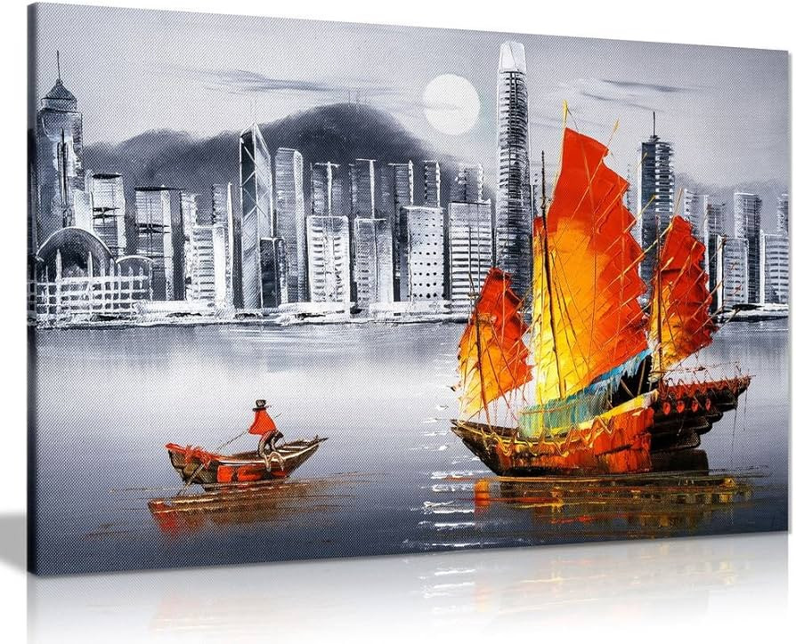 Hong Kong Harbour Boat Oil Painting Canvas Wall Art Picture Print (24x16) | Amazon (UK)