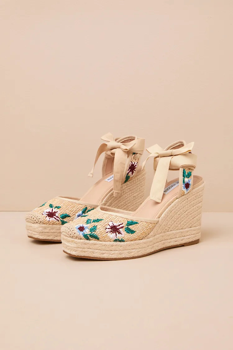 Vero Floral Raffia Lace-Up Espadrille Wedges | Lulus