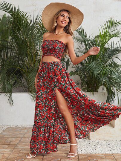 SHEIN Frill Trim Shirred Floral Print Tube Top & Split Thigh Skirt Set | SHEIN