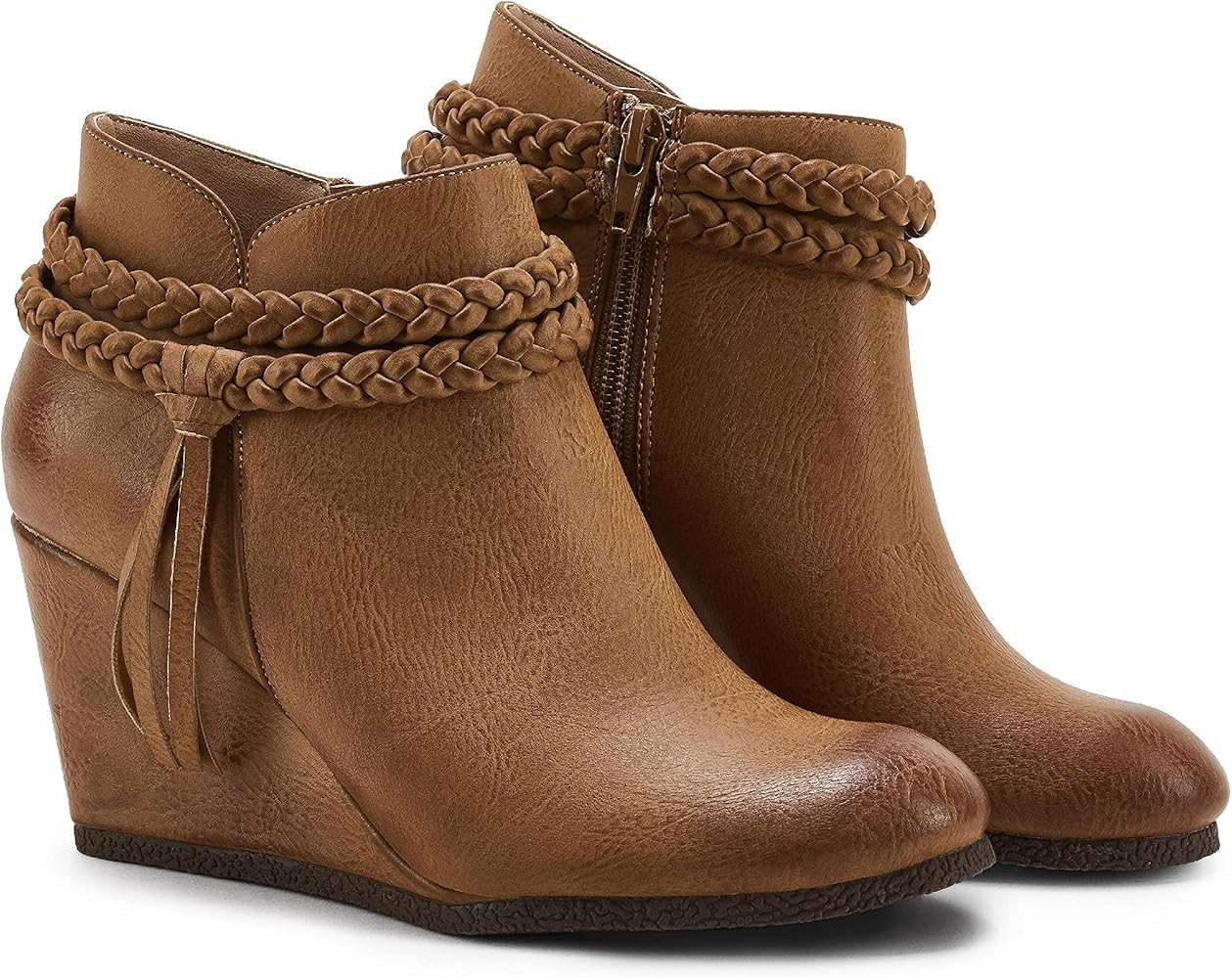 Womens Wedge Ankle Boots Braided Fringe Strap Western Heeled Fall Booties Dress Shoes | Amazon (US)