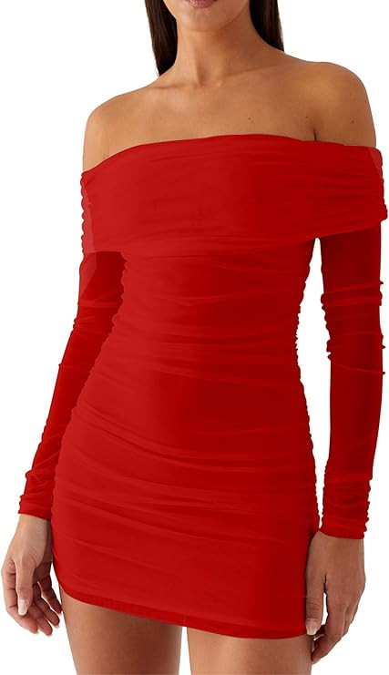 Mokoru Women's Sexy Elegant Off The Shoulder Mesh Long Sleeve Ruched Bodycon Cocktail Party Mini ... | Amazon (US)