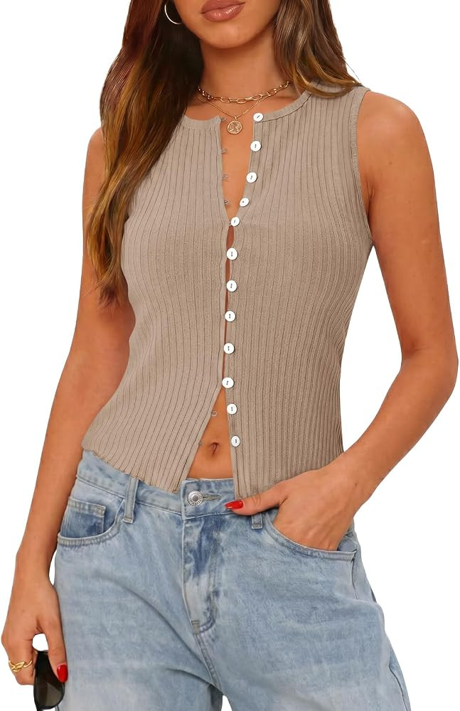 Tankaneo Womens Button Down Cropped Going Out Tank Tops Spring Summer Ribbed Vest Top Slim Fit Se... | Amazon (US)