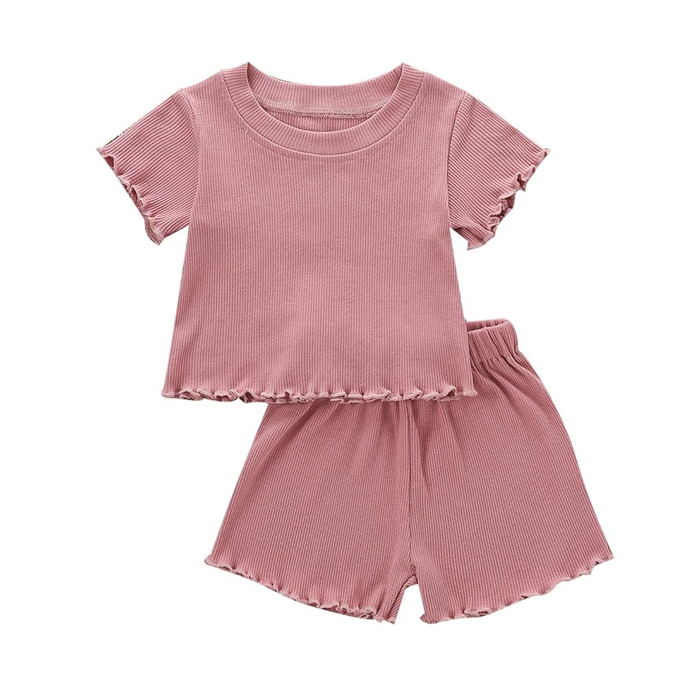 Toddler Baby Girl Summer Clothes Ribbed Knit Cotton Cute Summer Outfits Short Sleeves 2 Pieces Sh... | Amazon (US)