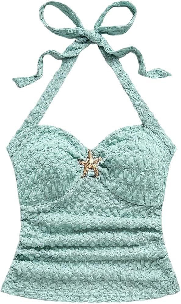SOLY HUX Women's V Neck Halter Tops Open Back Y2k Ruched Floral Metal Summer Going Out Cami Tops | Amazon (US)