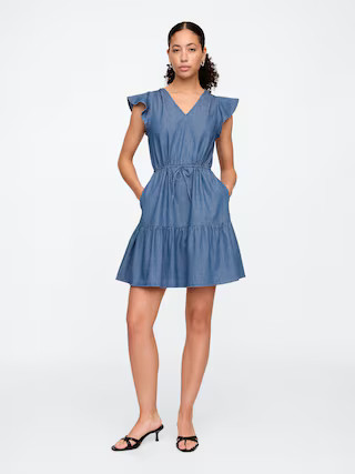 Denim Flutter Sleeve Tie-Waist Mini Dress | Gap Factory