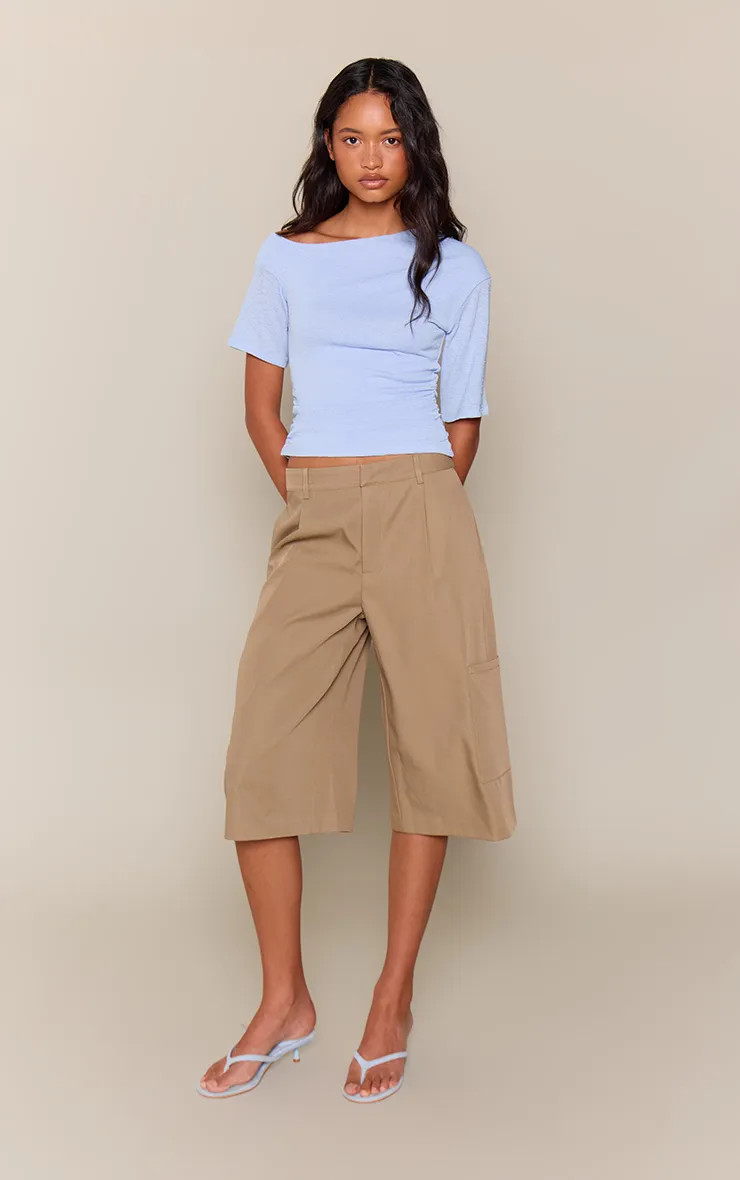 Khaki Tailored Woven Pocket Detail Long Shorts | PrettyLittleThing US
