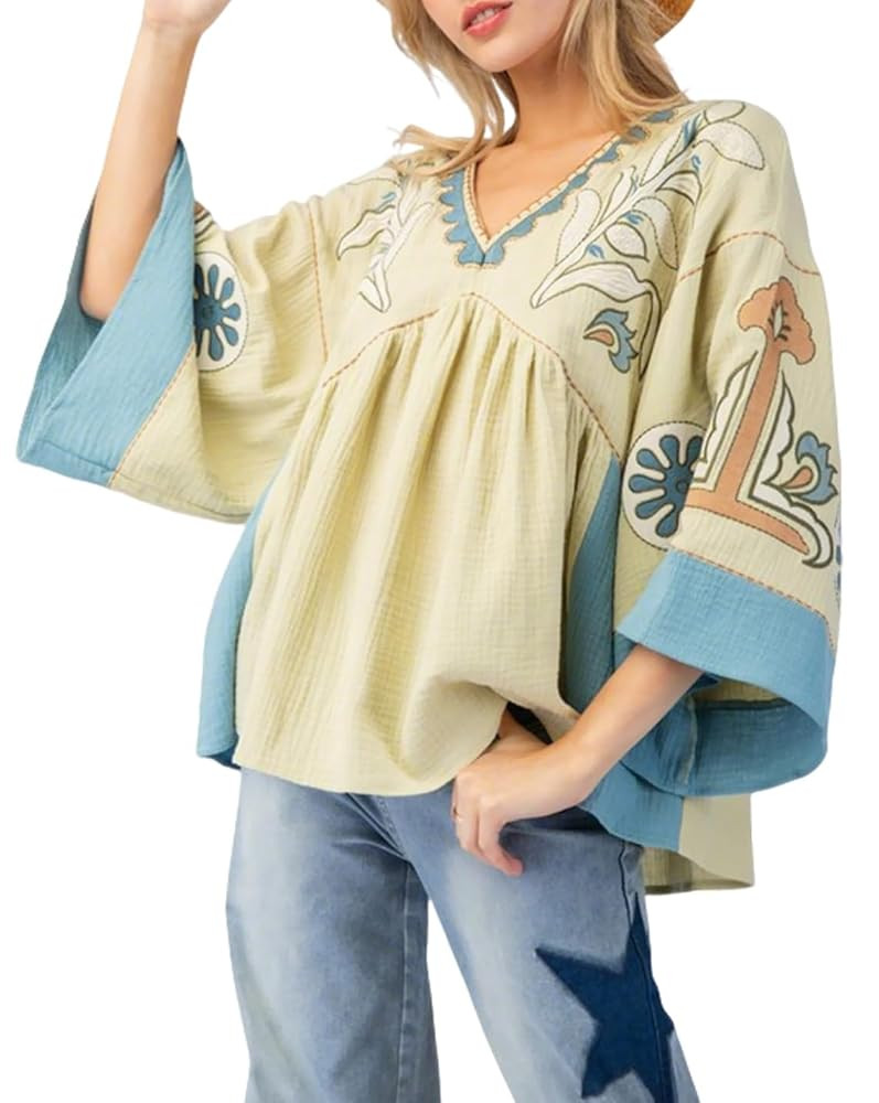 Womens Floral Printed Blouse V-Neck 3/4 Sleeves Loose Fit Vintage Babydoll Tops | Amazon (US)